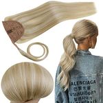 RUNATURE Ponytail Extension Human Hair Ash Blonde Highlight Platinum Blonde Clip in Ponytail Hair Extensions Straight Real Hair Ponytail Extension Blonde 12 Inch 70g