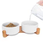 Dog Bowls for Small Dogs, Cat Dishes for Indoor Cats, Raised Tilted Ceramic Set of 2 with Bamboo Stand and Non Slip Silicone Mat - Elevated for Food and Water, Neck Care Feeding Bowl 650ml