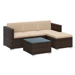 SONGMICS Garden Furniture Set, PE Outdoor Corner Sofa Couch, Handwoven Rattan Patio Conversation Set, with Cushions and Glass Table, Brown and Taupe GGF005K05