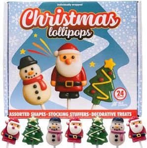 NLS Candy Co. Christmas Lollipops Candy, Santa, Snowmen, and Christmas Tree, Strawberry Suckers, Box of 24