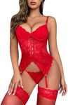 OYOANGLE Women's 4 Piece Floral Lace Spaghetti Strap Underwire Garter Lingerie Set with Stocking Red Small