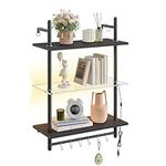 Bestier Gaming Floating Shelves, 23 inch LED Wall Mounted Glass Shelf with 3-Tier Storage Shelf, Bookshelf Pipe Shelves Hanging Display Rack with 8 Hooks Towel Bar for Living Room, Carbon Fiber Black