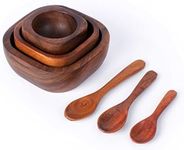 BestySuperStore Tiny Nesting Square Wood Bowls Mix Size 3¾”, 2¾”, 2⅛” Stackable Acacia Wooden Bowl Set with 3 spoons for serving salad dip sauce snack rice pasta cereal Decor Tableware Nest Dish Sets