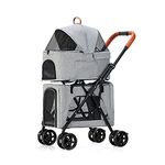 Double Pet Stroller, Pet Gear 4 Wheel Dog Pram Pet Stroller Pushchair Lightweight Pet Strollers for Dogs and Cats, Great for Twin or Multiple, Breathable Travel Carrier