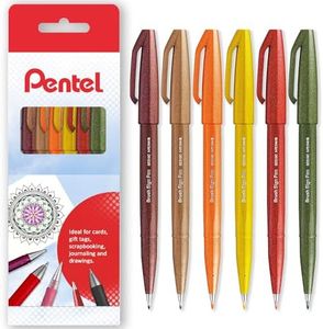 Pentel Stylo Brush Sign SES15C - Pointe pinceau - Pointe en fibre - Tons d'automne - Lot de 6 - Dans un coffret cadeau