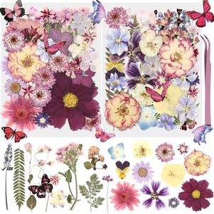 Eshow Total 90Pcs Natural Pressed Dried Flowers and Butterflies Stickers, Dry Flowers for Resin Accessories with Tweezer, Dried Flower for Scrapbooking DIY Art Crafts, Epoxy Resin Jewelry Molds