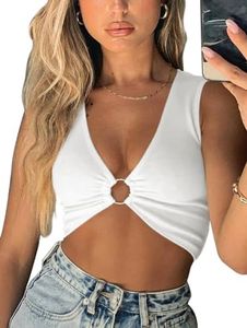 AEVZIV Sexy Crop Tops for Women Sleeveless Deep V Neck Workout Tops Plunge Ring Cleavage Cropped Tank Top, White, Small