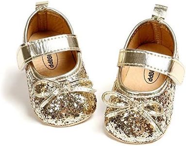 Meckior Infant Baby Girls Soft Sole Bowknot Princess Wedding Dress Mary Jane Flats Prewalker Newborn Light Baby Sneaker Shoes, A20/Gold, 6-12 Months Infant