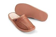 PAFOLI Men Leather Slippers - Handmade Light Brown Moccasins House Slip On Shoes - Available in Many Sizes (9 UK, Brown)