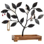 MyGift Black Metal Jewelry Tree, Earring Necklace Hanger with Wooden Tray Holder