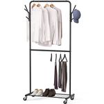 SimpleHouseware Double Rod Industrial Style Garment Rack With Wheels and Hooks, Black