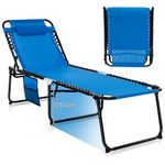 GYMAX Lounge Chairs for Outside, Extra High Folding Beach Tanning Lounger with Adjustable Backrest, Footrest & Removable Pillow, Sunbathing Lounge for Patio, Poolside (1, Navy with Pocket)