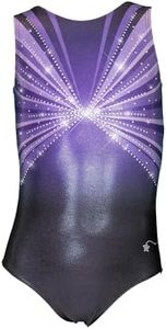 Destira Interstellar Gymnastic Leotard for Girls, Purple Hologram Fabric with Crystals, Matching Scrunchie Included Child M (8)
