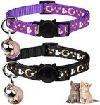 2PCS Breakaway Cat Collars with Bell Moons Stars Cute Kitty Adjustable Safe Kitten Collars with Pendant Glow in The Dark(Black&Purple)