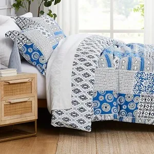 Southshore Fine Living, Inc. King Sized Comforter Set with 2 Pillow Shams, Reversible Bedding Sets - Global Patchwork Quilt - Alternative Down Comforter for Cal/King Mattress, Blue & White