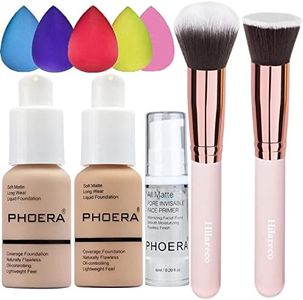 PHOERA Foundation 102 and 104 & Face Primer,Liquid Full Coverage Foundation Set,Foundation Brush Powder Brush,5 Makeup Sponge,30ml PHOERA 24HR Matte Oil Control Concealer (102 Nude + 104 Buff Beige)