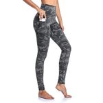 Occffy Leggings Womens High Waist Gym Leggings with Pockets Yoga Pants for Women UK Tummy Control Workout Running Sports Leggings P107 （Camouflage Grey, L）