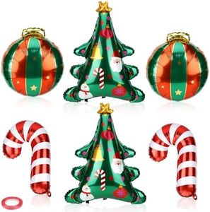 6 Piezas Globos de Papel de Aluminio, Globos de Navidad con bola colgante Bastón de Navidad Árbol de Navidad Globos Cinta Paja Decoraciones de Fiesta de Cumpleaños de Navidad, 3 Estilos