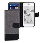 kwmobile Wallet Case Compatible with Apple iPhone SE (1.Gen 2016) / iPhone 5 / iPhone 5S - Case Fabric and Faux Leather Phone Flip Cover - Grey/Black