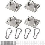 EGGMARCH 4 Pcs M6 Oblong Pad Eye Plate and 4Pcs Carabiner Clips, Stainless Steel Staple Hook Loop Suspension Ceiling Hooks Marine Hardware Anchor plates U Hooks with Screws and Plastic Plugs (Silver)