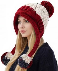HUAMULAN Women Winter Sherpa Beanie Hats Knit Ear Flaps Peruvian Cover Ears Warm Fleece Lined Ski Snow Hat 3 Pompoms