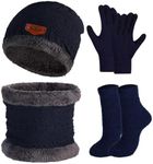 Winter Accessories Set, Black Knit Beanie Hat, Fleece Lined Scarf, Touchscreen Gloves, Thermal Fuzzy Socks for Men Women (Dark Navy)