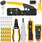 OKVNUO-TECH RJ45 Crimp Tool Kit with Connectors Covers Cable Tester for Pass Through and Legacy Connectors 6P 8P Multi-Function Cable Cutter Cat5e Cat6 Crimping Tool Network Wire Stripper (Black)