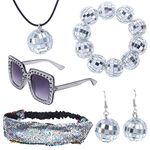 Ujuuu 5 Pieces 1970s Disco Accessories Disco Set Ball Earrings Necklace Bracelet Bling Headband and Sunglasses for Women