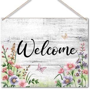 Welcome Sign, Floral Butterfly Welcome Wooden Hanging Plaque Sign, Housewarming Gifts for Coworker Friends, Wood Sign for Front Door Decorations Hanging, Wall Hanging Plaque Decor for Porch -Mu10