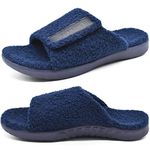 ONCAI Mens House Slippers with Arch Support,Fur Slides with Orthopedic for Plantar Fasciitis Footbed and Adjustable Strap Darkblue Size 9.5
