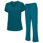 Natural Uniforms Women's Cool Stretch V-Neck Top and Cargo Pant Scrub Set with Regular and Petite Sizes (Teal, Small)