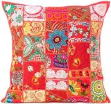 Eyes of India Decorative Patchwork Boho Throw Pillow Cover, Colorful Bohemian Cushion Case for Sofa Couch, Handmade Accent Bedroom Living Room, 16x16 Inch (40x40 cm), Red