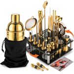 KINGROW Mixology Cocktail Shaker Set - Complete 29-Piece Bartender Kit and Bar Tools with Acrylic Rotating Stand, Professional Bar Set for Drink Mixing, Home, Bar, Party (Gold)