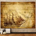 Old Map Tapestry, Vintage Nautical Pirate Treasure World Map Art Tapestries Wall Hanging for Men Bedroom College Dorm Living Room Office Decor 60X40", Fun Pirate Ship Cool Poster Blanket