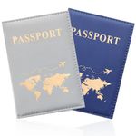 GIKPAX 2 Pcs Passport Holder, PU Leather Passport Cover Passport Holder Travel Wallet for Passport, Ticket Card, Boarding Passes, Credit Card, Business Cards (Grey+Dark Blue)