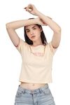 Red Flag Semi Cropped Cotton T-Shirt for Women (XX-Large, Cream Beige)