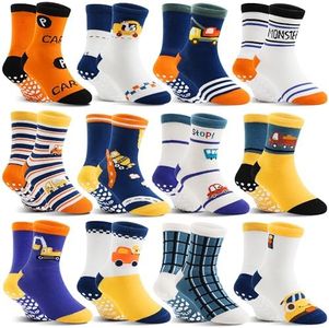 Baby Boys Toddlers Grips Socks Kids Non Skid Anti Slip Fun Cotton Gift Infant Crew Socks 12 Pairs Stocking Stuffers(Orange Car, 6-12 Months)
