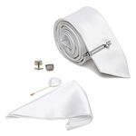 LOUIS STITCH Mens Plain White Ethic Luxury Italian Silk Necktie Set Brooch Chrome Tie Pin Cufflinks Pocket Square Combo (Czech) (LSTE-PL-WH01-CP)