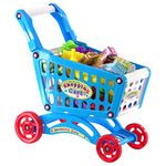 Children Shopping Trolley Cart Play Food Set Kids Pretend Shop Push Along Toy (56 pcs Blue Shopping Cart)