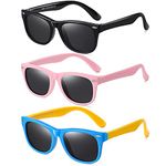 DYLB Kids Polarized Sunglasses for girls boys 3 Pack, Flexible TPEE Rubber Frame for Children Age 3-9 (Black + Pink +Blue Yellow)