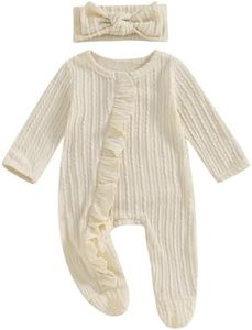 MoZiKQin Newborn Baby Girl Ruffle Romper Knit Sweater Onesie Jumpsuit Long Sleeve Zipper Footies Solid Fall Winter Outfits (Texture Cream,Newborn)