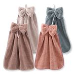 4Pcs Bowknot Hanging Hand Dry Towels, FHDUSRYO Microfiber Coral Velvet Hand Towels Hanging Loop, Absorbent Super Soft Cute Hand Towels for Kitchen Bathroom Kids