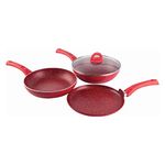 Wonderchef Granite Non-Stick 4-piece Cookware Set, Frying Pan with Lid, Wok Dosa Tawa, Induction Bottom, Soft-Touch Handles, Pure Grade Aluminium | PFOA & Heavy Metals Free | 2 Years Warranty, Red