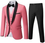 YND Men's 3 Piece Slim Fit Tuxedo Suit Set, One Button Shawl Collar Solid Business Blazer Jacket Vest Pants with Bow Tie, Pink