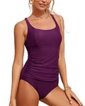 VECENEY One Piece Bathing Suit for Women Tummy Control Criss-Cross Back Swimsuits U Neck Ruched Modest Swimwear Purple M