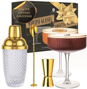 Vemacity Luxury Glass Cocktail Shaker Set | 500ml Gold Shaker w/Inbuilt Strainer + Ribbed Espresso Martini Glasses Set of 2 | Gold Spoon & Jigger | Cocktail Making Kit | Ideal for Christmas