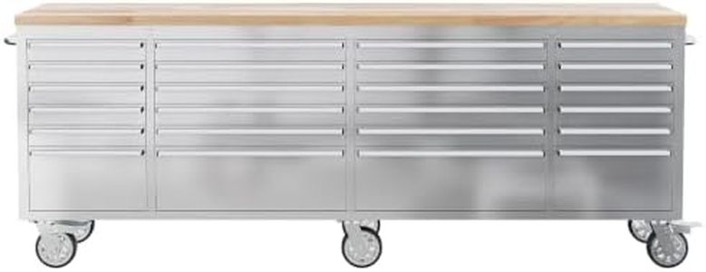 Garvee 96-Inch Heavy-Duty Rolling Tool Chest & Mobile Workbench with 24 Drawers, Rubber Wood Tabletop, Key Locking System, Drawer Liners and Wheels, Steel Storage Cabinet for Garage, Workshop