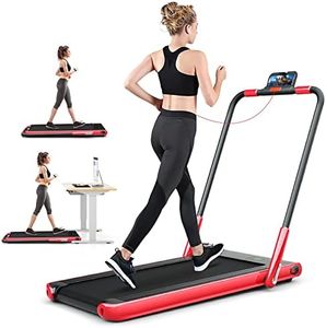 Costway Treadmill 2-in-1 for Running and Walking, Max 12km/h, Under Desk Walking Pad with APP & Remote Control, Phone Holder, LED Display & Speaker, Cardio Training Machine for Home Office