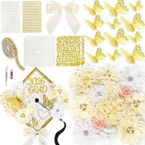 Graduation Cap Decorations Kit 2026 DIY Cap Decorations 36PCS Included Fake Flowers Heads Bow 3D Butterfly Self Adhesive Rhinestones Stickers Alphabet Letter Stickers for Grad Party Decor, White