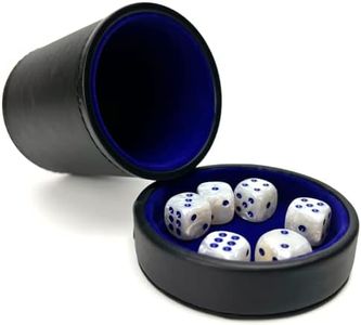 Luck Lab Black Leather Dice Cup with Lid Including 6 Matching Pearl Dice - Blue Velvet Interior for Quiet Shaking - Use for Liars Dice Farkle Yahtzee Board Games, Black